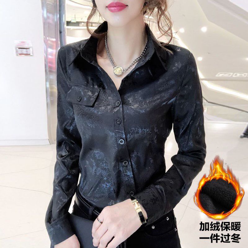 Plush thickened shirt women's clothing 2020 autumn and winter design sense niche printed shirt retro slim bottoming shirt top