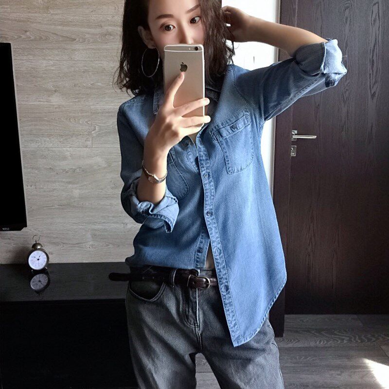European and American Style Children's denim Denim Shirt Woman 2019 Fall new shirt to be slim and soft and comfortable long sleeves
