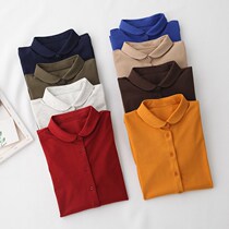 2021 spring vintage casual literary small round neck stretch knitted cotton shirt doll collar base shirt womens long sleeve