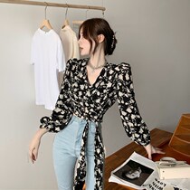 Hong Kong taste vintage V-neck floral shirt waist short bow lace elegant shirt spring and summer long sleeve top women