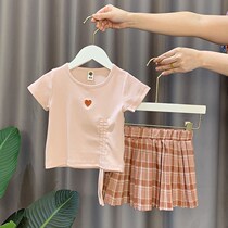 Female childrens suit Summer girls fashion foreign style baby clothes Summer girls short sleeve pleated skirt Childrens two-piece set