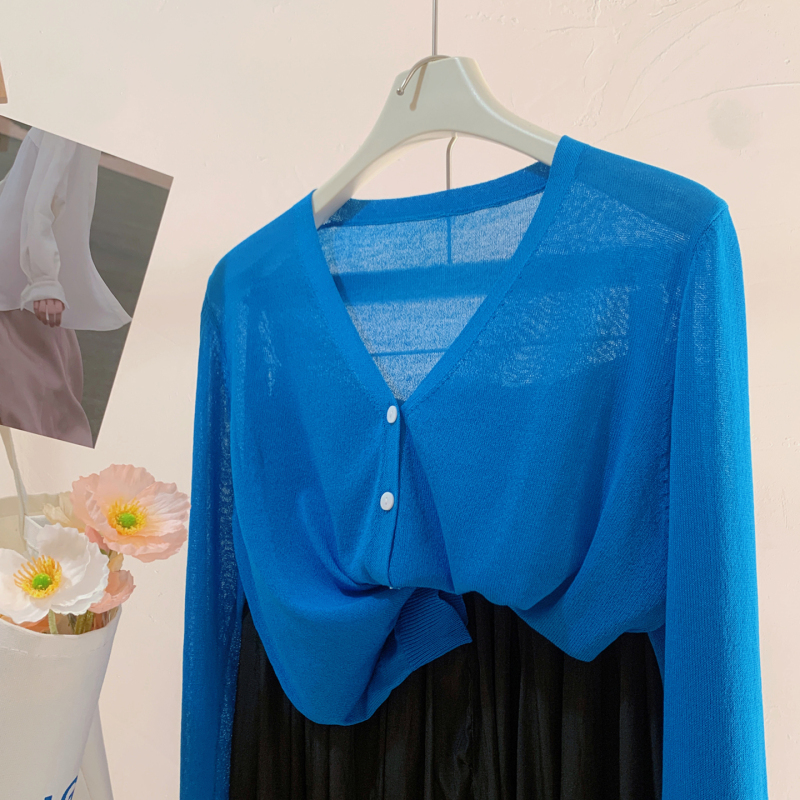 Weaving Workshop Weaver ◆ Summer Thin Klein Blue Women's Shawl Ice Silk Knitted Sun Protection Cardigan Top