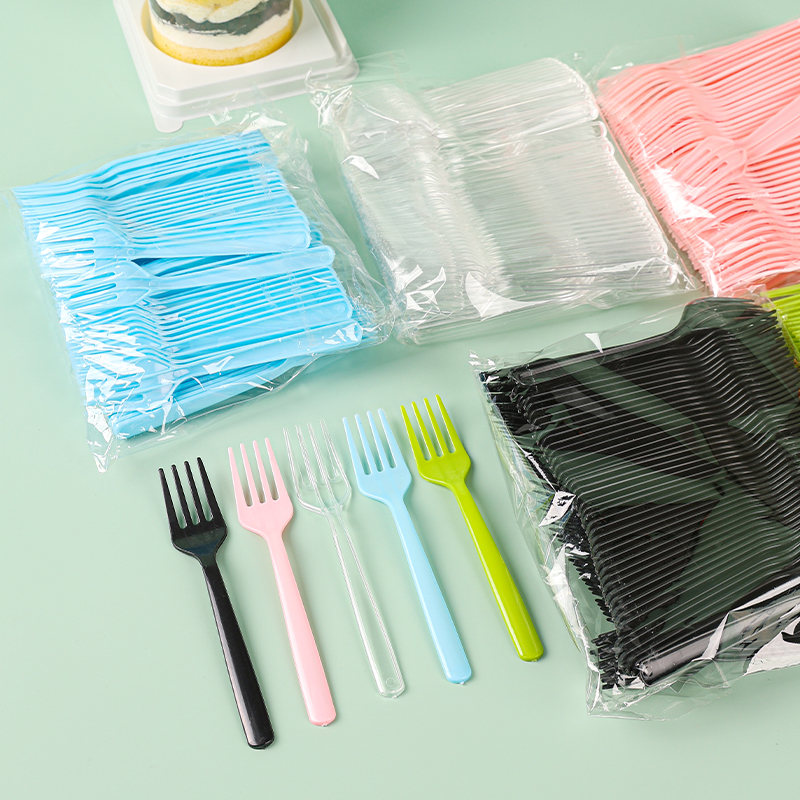 使い捨て透明フルーツフォーク、黒フォーク、食品用厚手プラスチック製小型フォーク、テイクアウトデザートケーキフォーク、4本歯フォーク