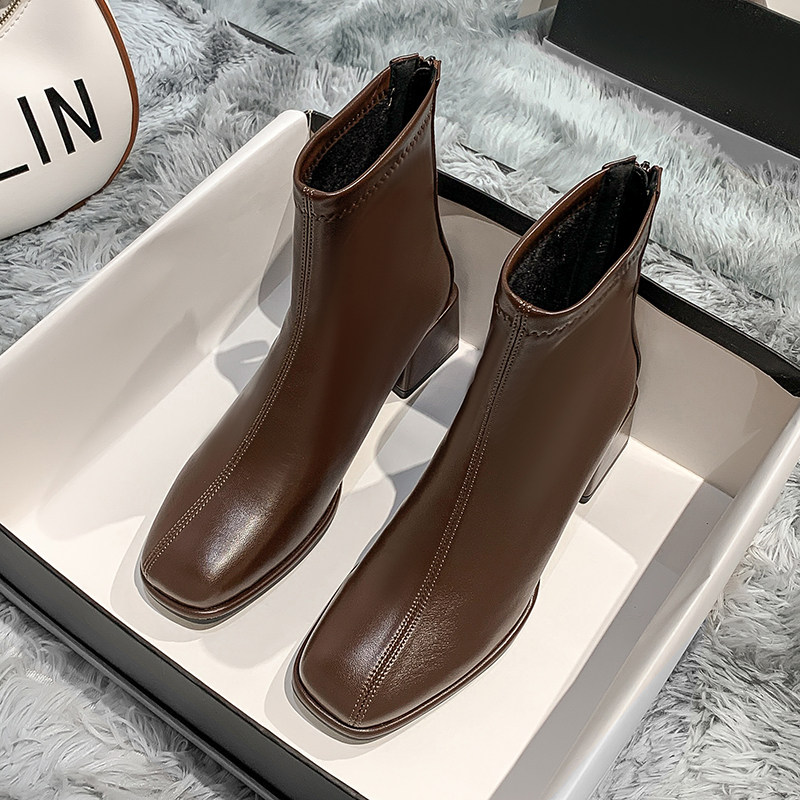Fa-style retro Martin boots autumn summer square head thick heel slim boot small crowd design soft leather spring slim boot short boot