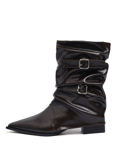 牛皮版~尖头西部牛仔靴女秋冬显瘦美拉德短靴复古低跟中筒骑士靴