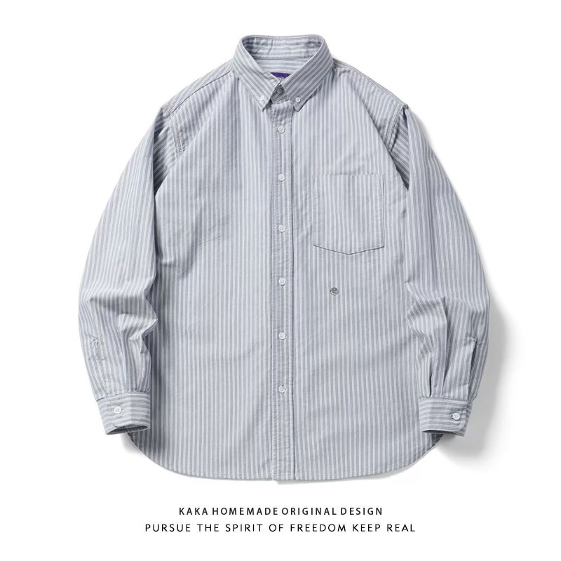 25Ss Japanese-Style Fresh Embroidered Vertical Striped Shirt for Men, Loose Fit, Casual Long-Sleeve Shirt, Trendy City Boy Style