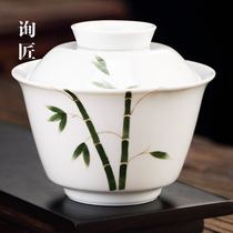 Sheep fat jade Jingdezhen pure handmade three talents cover bowl tea cup sweet white porcelain ceramic kung fu tea single anti-scalding tea bowl