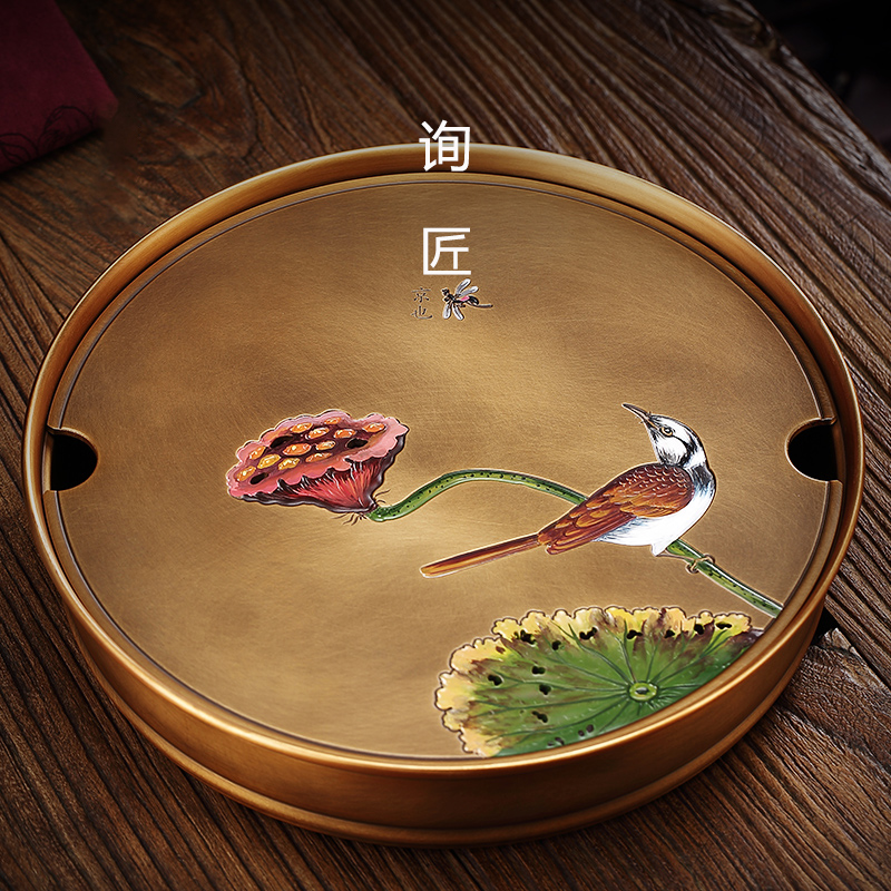 Pure hand-made copper paint tea plate storage water round tea table dry bubble table household kung fu tea tray