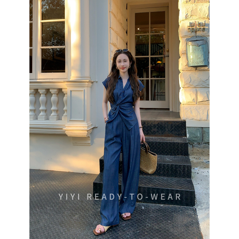Yiyijia Petite [Denim Artist] Vintage Navy Blue Denim Top Women's Summer Stylish Denim Pants Set