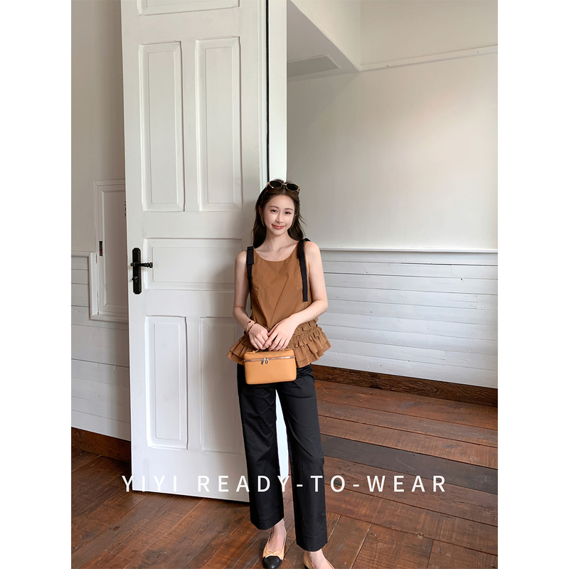 Yiyijia Petite [Caramel Prologue] Color-Block Bowknot Camisole Top for Women Summer 2026 New Ruffle T-Shirt