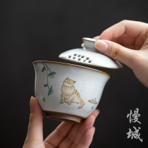 The Ru Kiln Triple cover Bowl Open Sheet can raise a single tea bowl Home Anti-scalding ceramic Gongfu Tea with a small cat hand grip jug