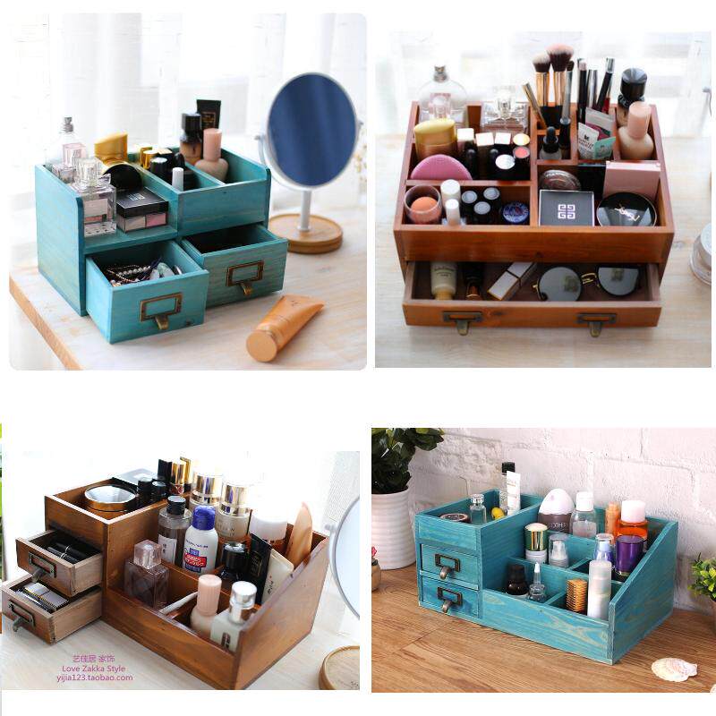Wooden retro lipstick dressing table skin care products jewelry cosmetics desktop storage box finishing box large shelf