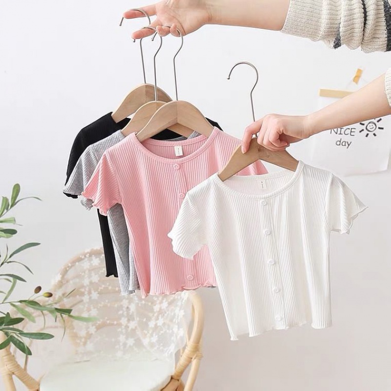 Small and mid-summer children's clothing girl short sleeve face mask T-shirt child female baby round collar half sleeve blouse baby beating undershirt