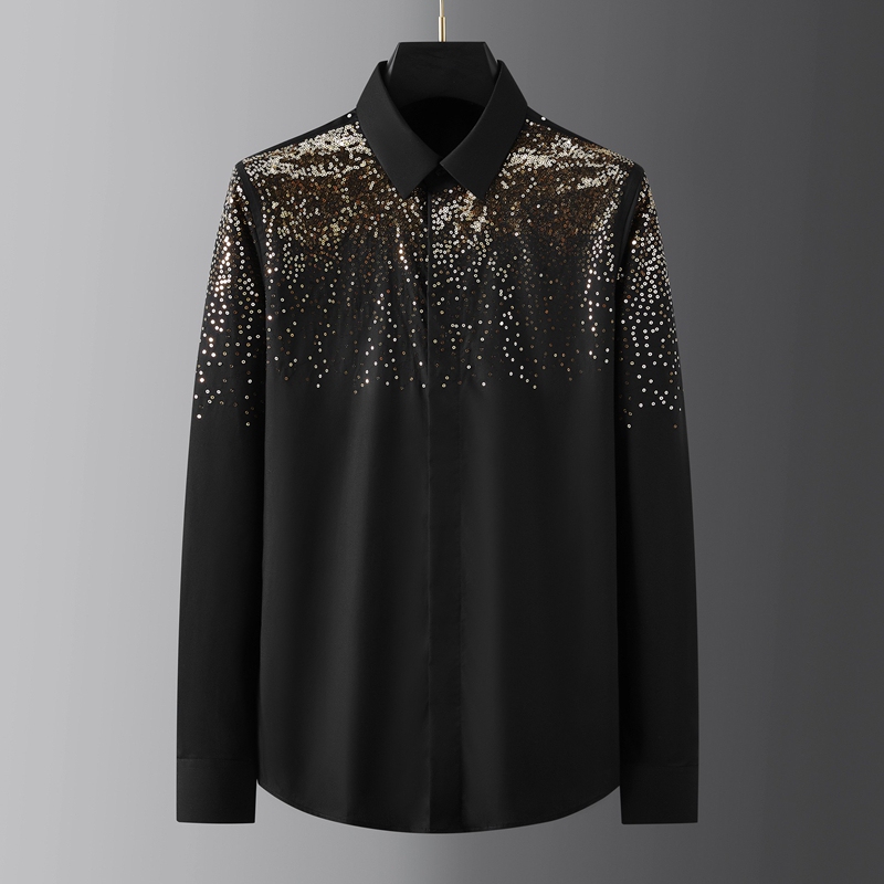 European and American Light Luxury Gold Sequin Fashion Shirt Men's Slim Long-Sleeved Sequin Trendy Casual Shirt Nightclub Men's Clothing