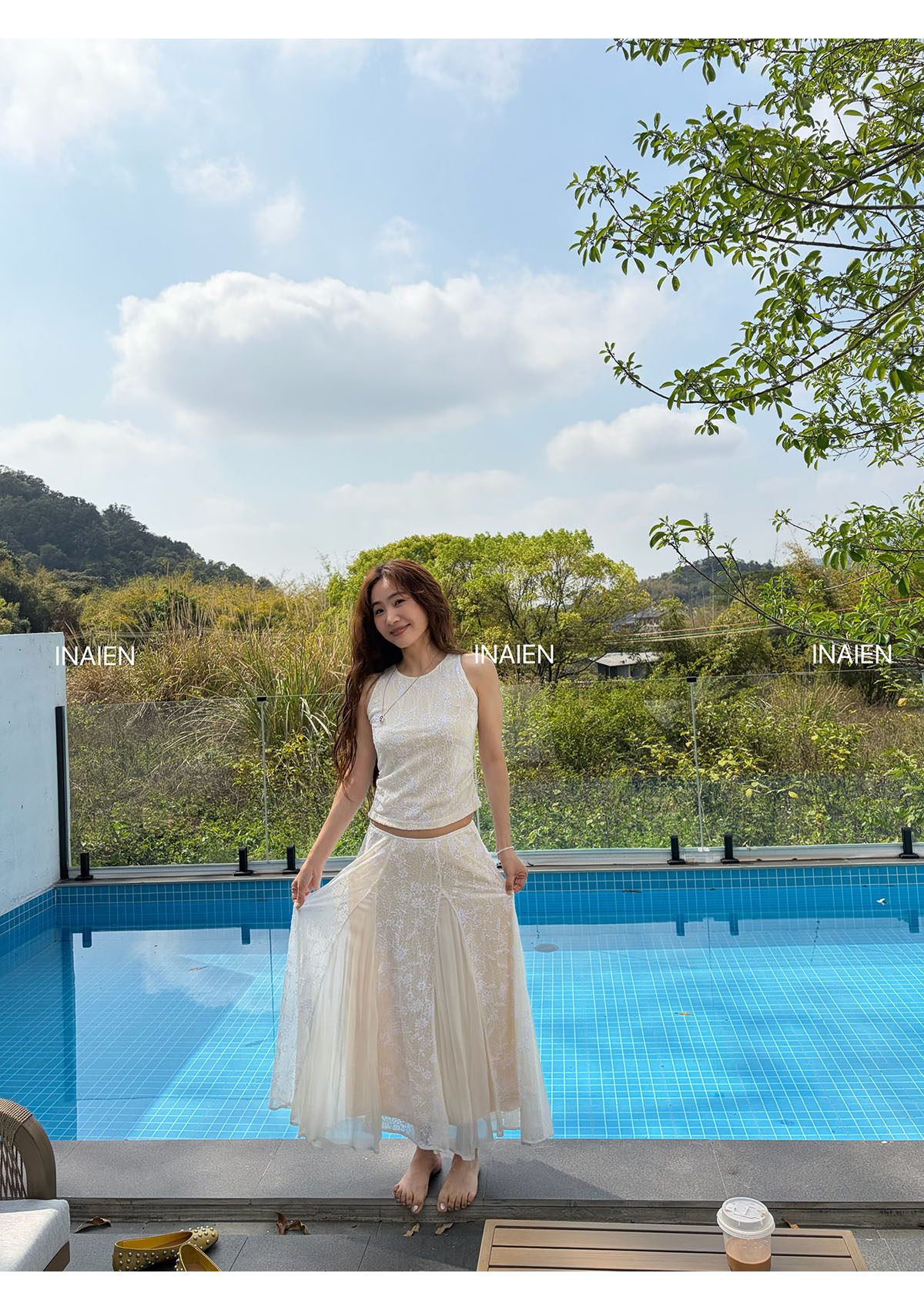 INAIEN笑笑家26 ранняя весна "Кружевная мечта" нежная элегантная кружевная жаккардовая юбка с приталенным силуэтом