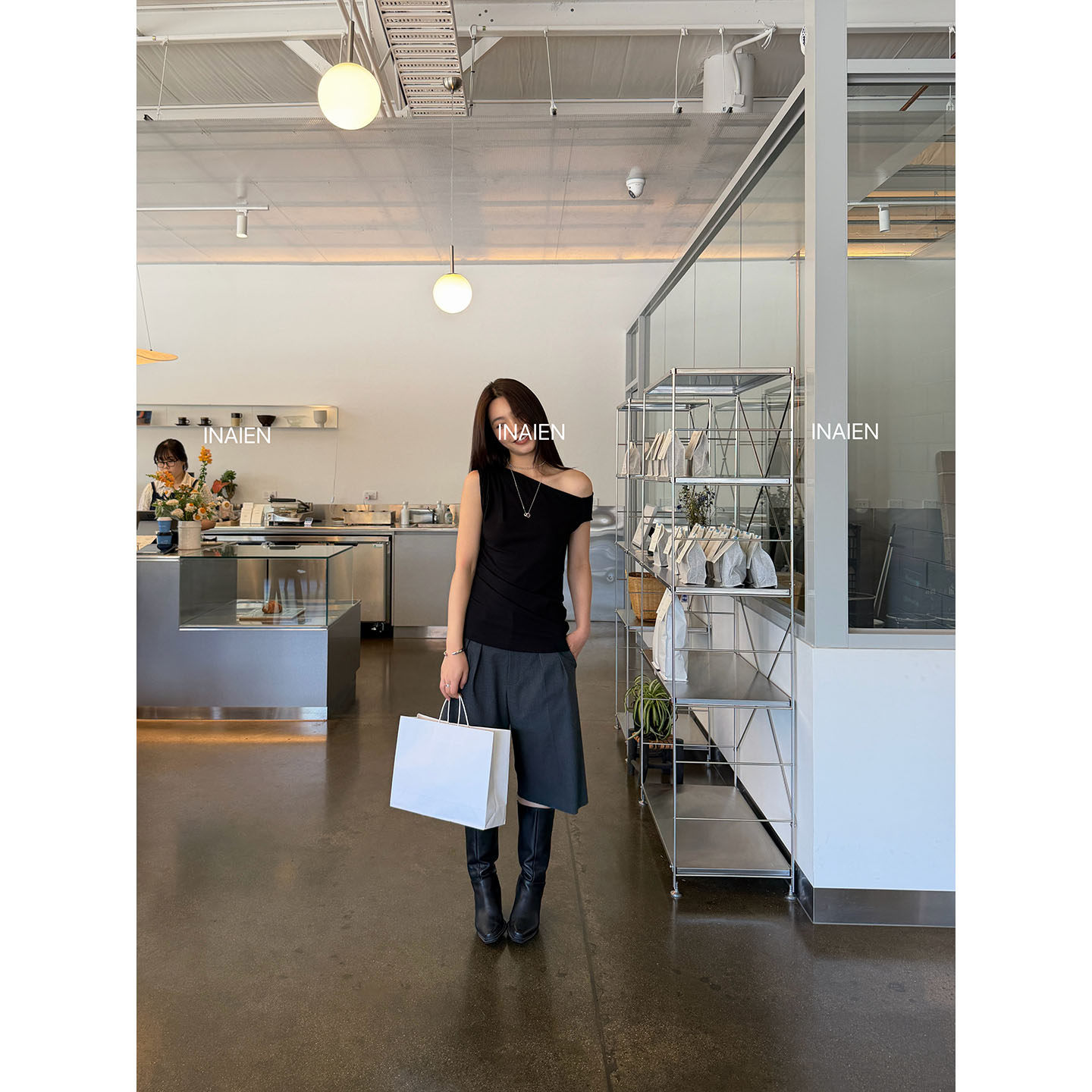 INAIEN весенне-летняя элегантная блузка с асимметричным воротником и приталенным силуэтом Y6208