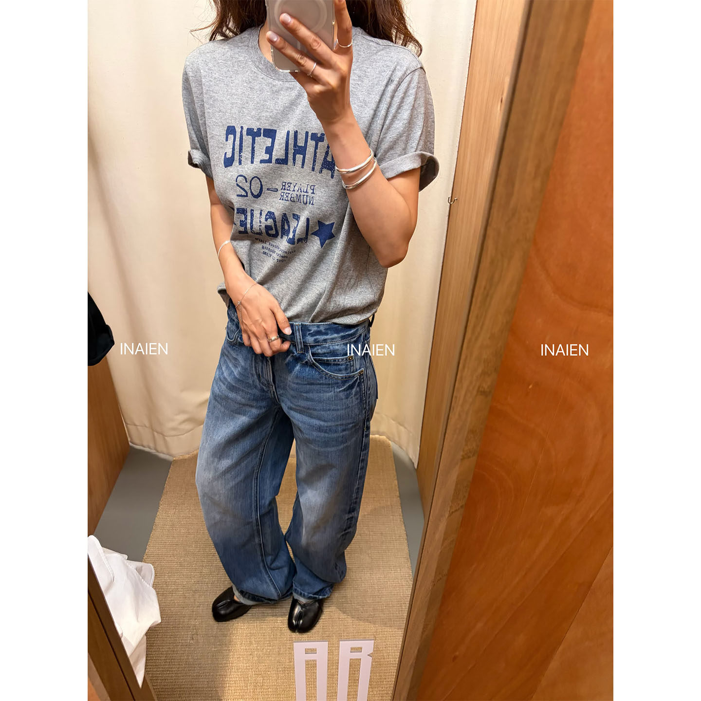 INAIEN笑笑家 весна-лето футболка с принтом букв, потертая, свободная, скрывающая недостатки