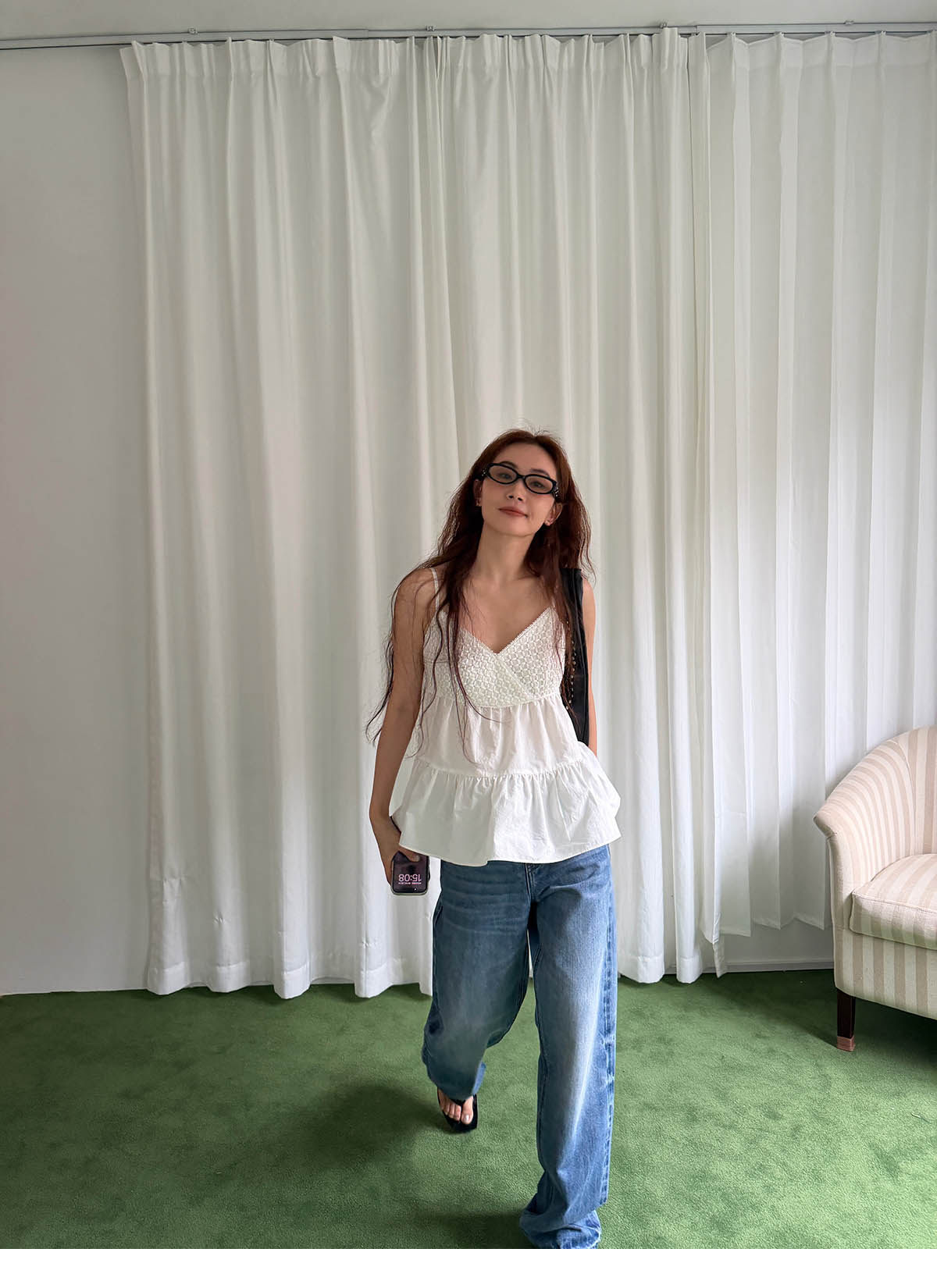 INAIEN笑笑家 "Время отдыха" конопляный топ с V-образным вырезом и кружевной вышивкой на бретелях