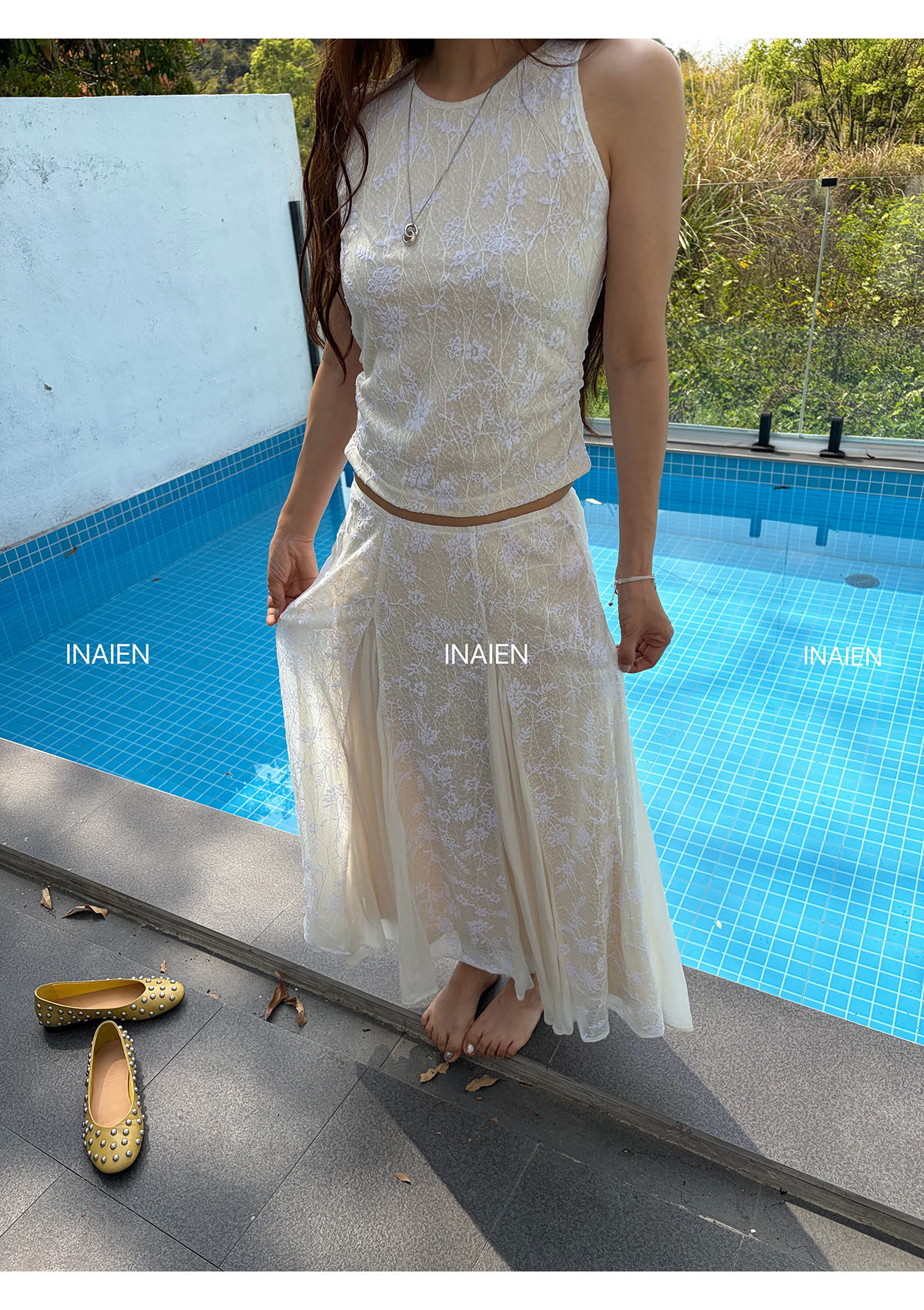 INAIEN笑笑家26 ранняя весна "Кружевная мечта" нежная элегантная кружевная жаккардовая юбка с приталенным силуэтом