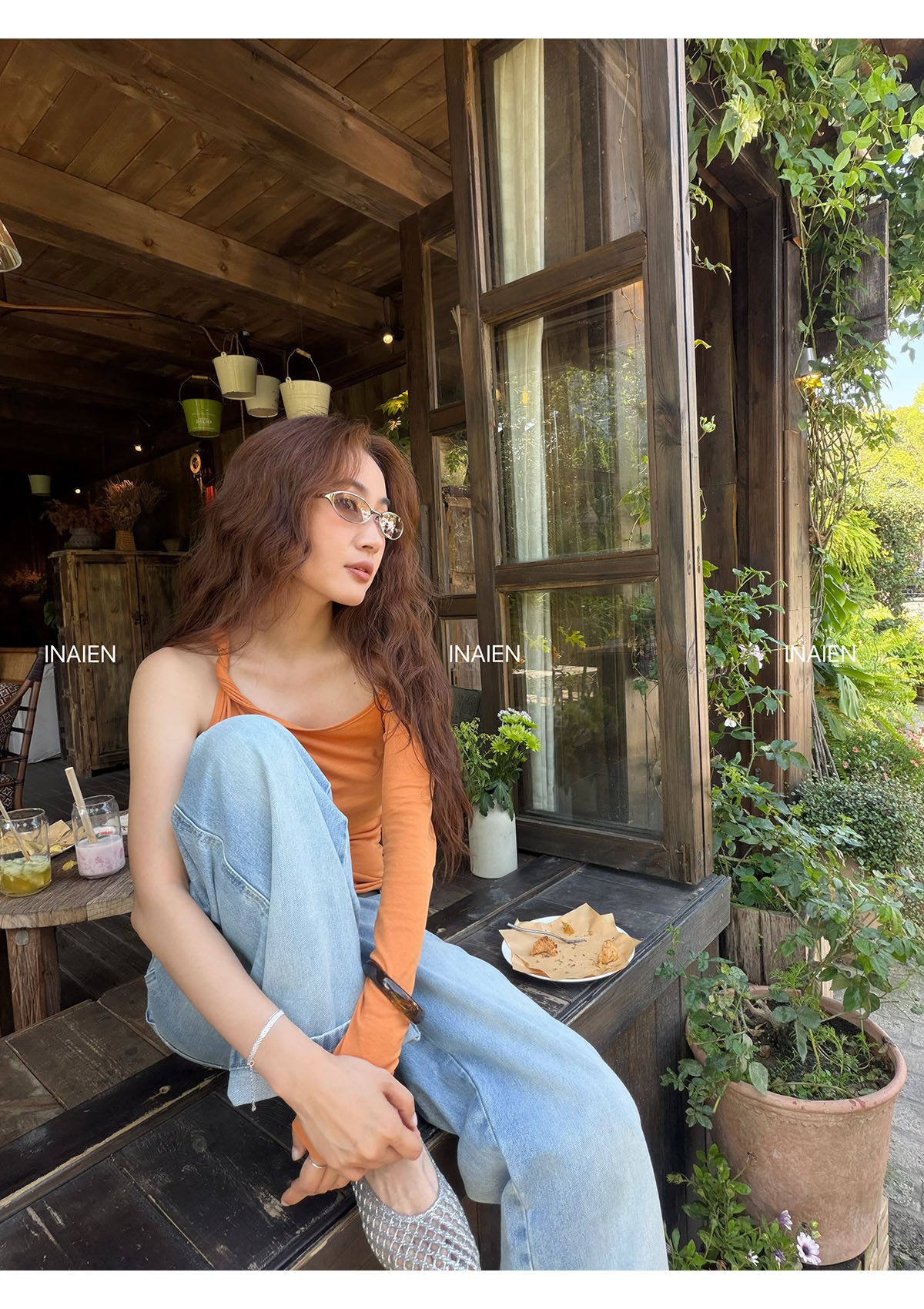 INAIEN笑笑家 стильные универсальные джинсы клеш с эффектом стирки