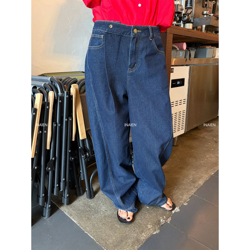 Inaien Smiling Face "Cowboy Story" Niche Retro Washed Loose Wide-Leg Jeans with Slimming and Line-Defining Design