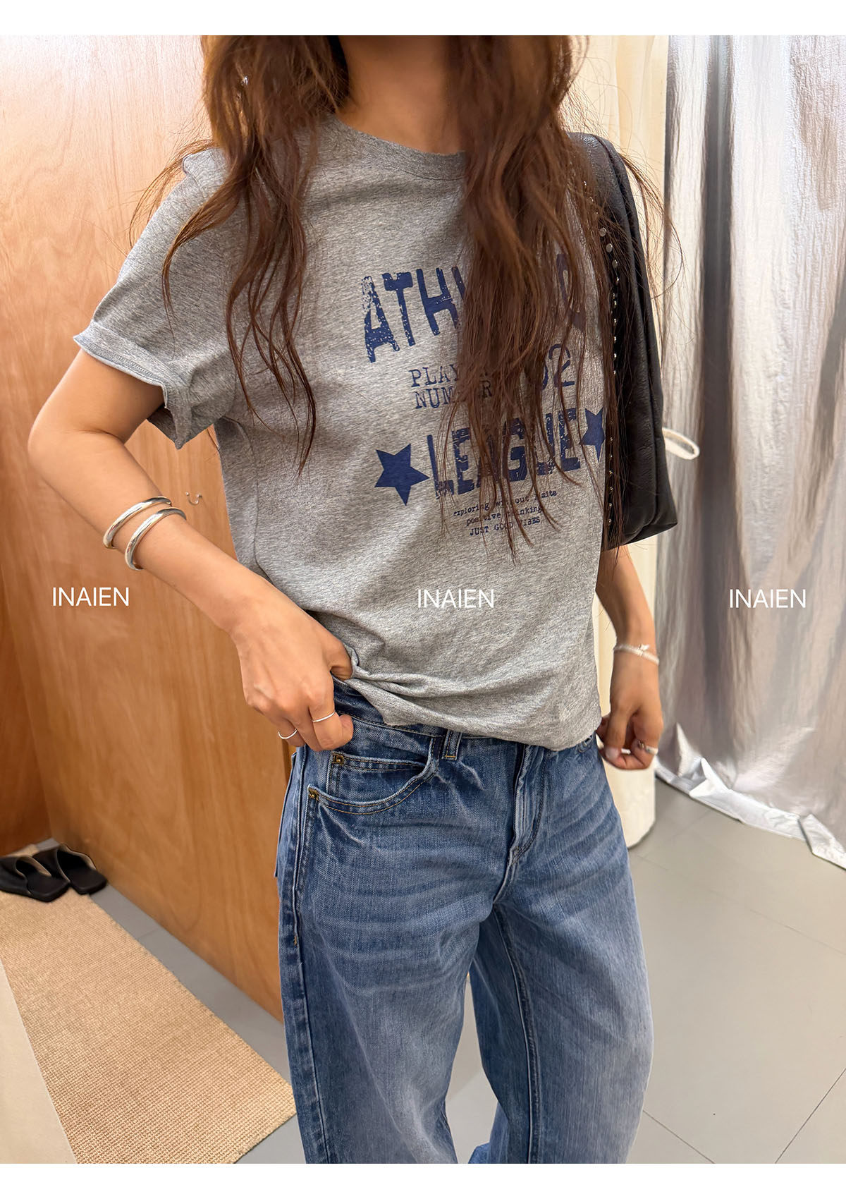INAIEN笑笑家 весна-лето футболка с принтом букв, потертая, свободная, скрывающая недостатки