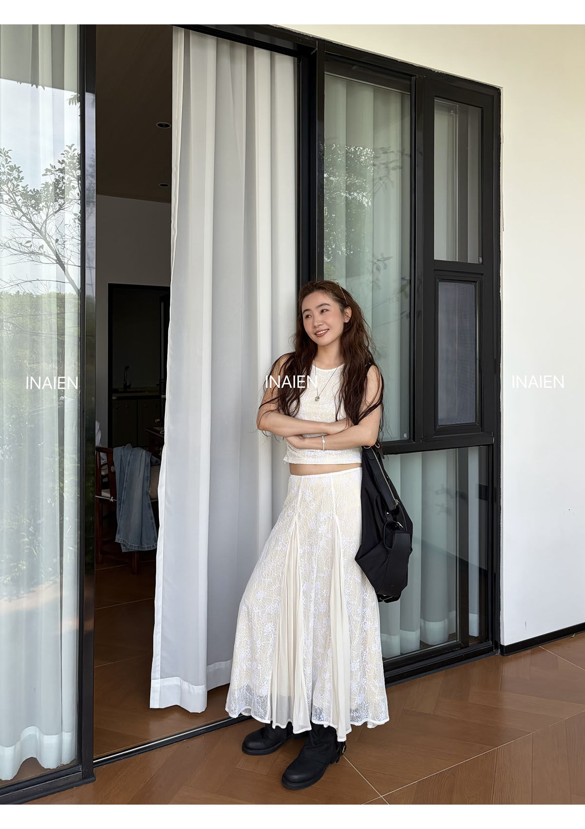 INAIEN笑笑家26 ранняя весна "Кружевная мечта" нежная элегантная кружевная жаккардовая юбка с приталенным силуэтом