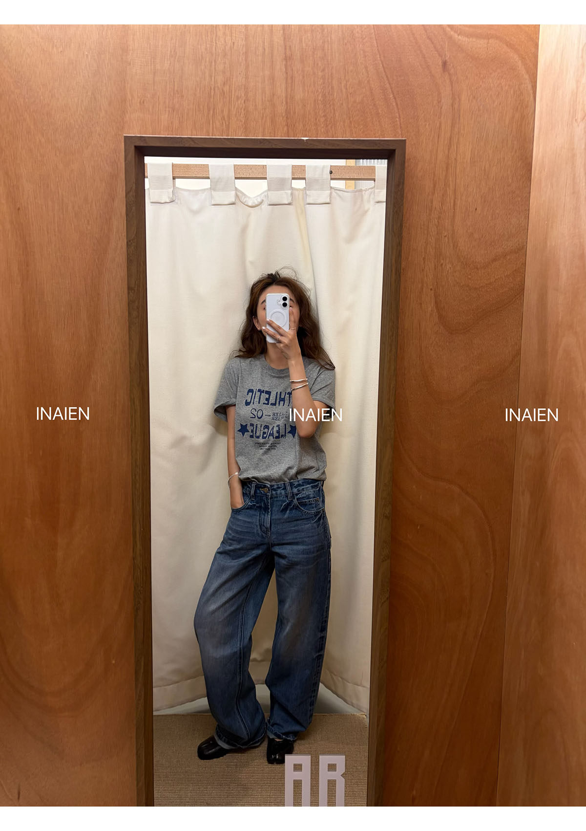 INAIEN笑笑家 весна-лето футболка с принтом букв, потертая, свободная, скрывающая недостатки