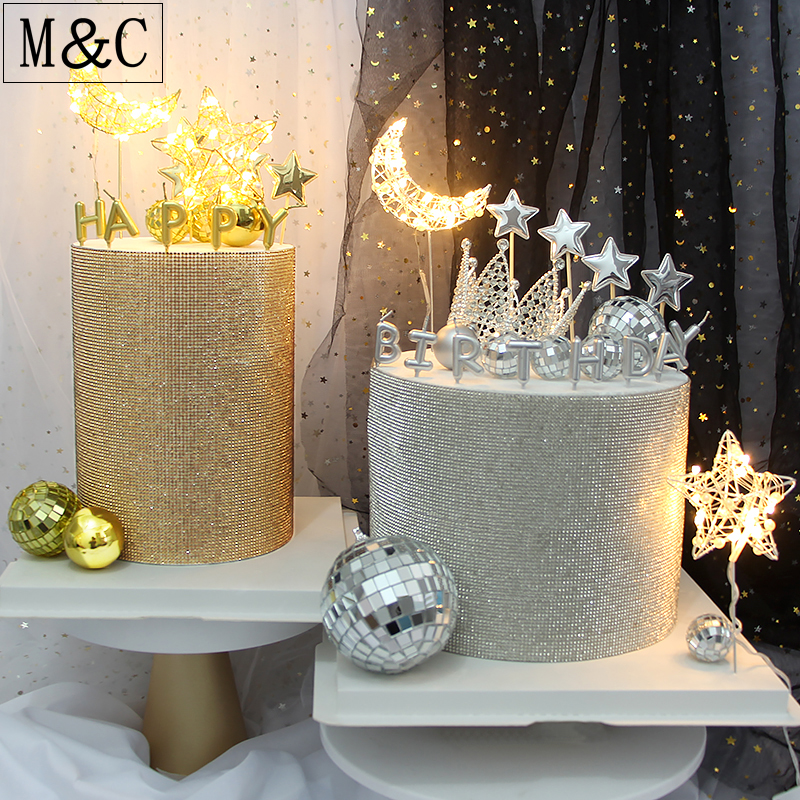 Birthday Baking Cake Decoration Materia Beauty Pearl Hollowed-out Gold And Silver Iron Wire Moon Stars Plug-in Iron Art Moon Star