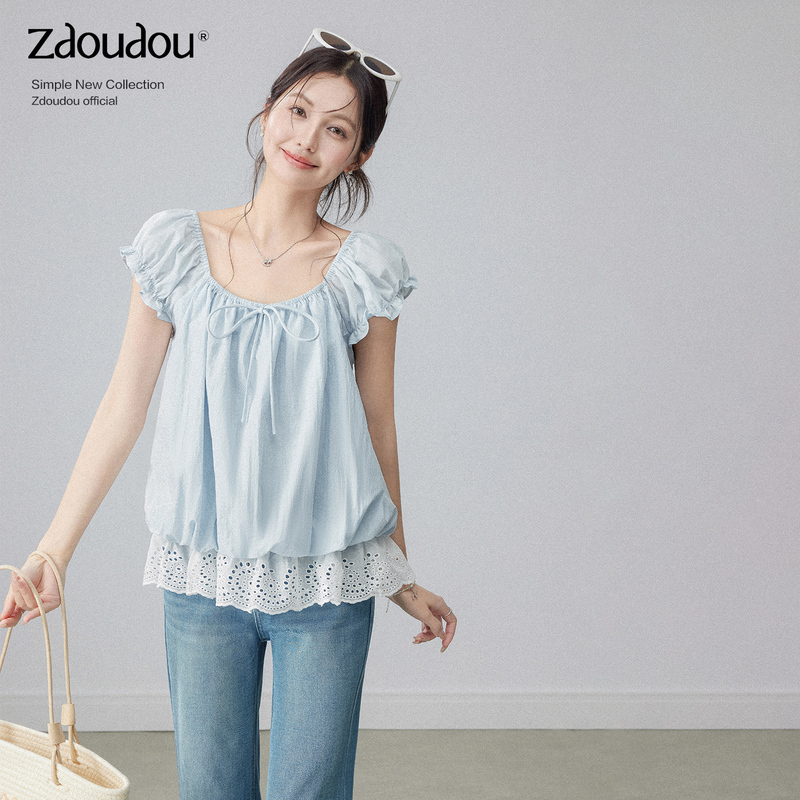 Zhang Doudou French-Style Short-Sleeve Shirt for Women, Summer Design, Niche Blue Faux Two-Piece Ruffled Puff Sleeve Top
