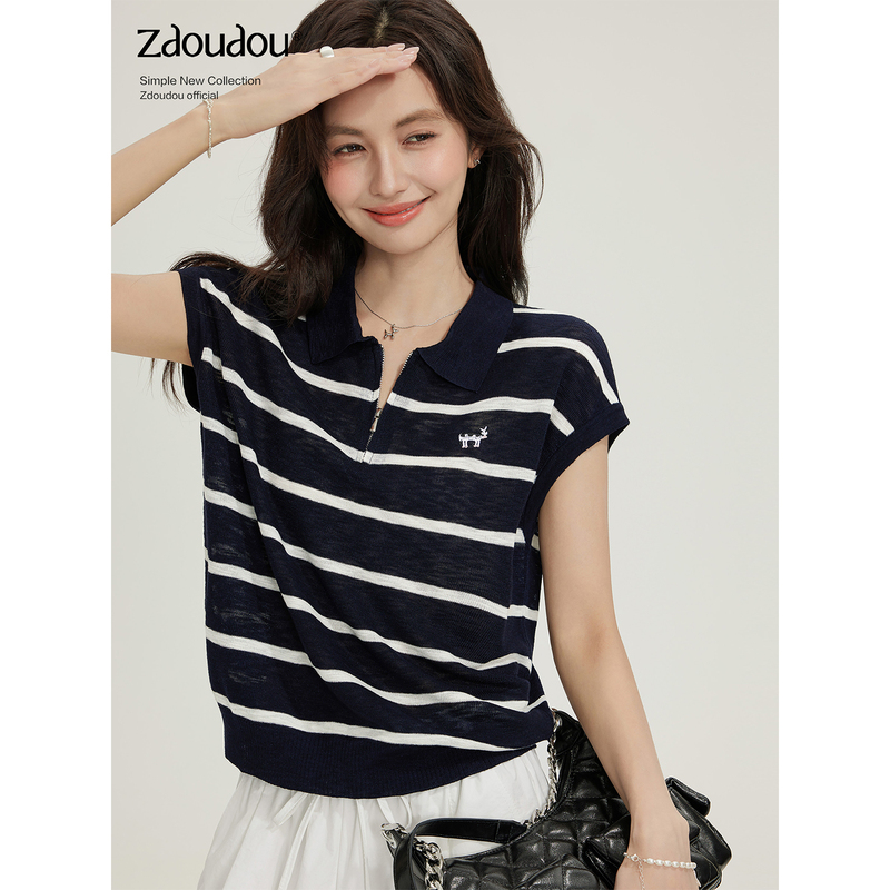 Zhang Doudou Striped Polo Collar Short-Sleeved Knit Top for Women, Summer 2026 New Design, Niche Zipper Waist-Cinching Top