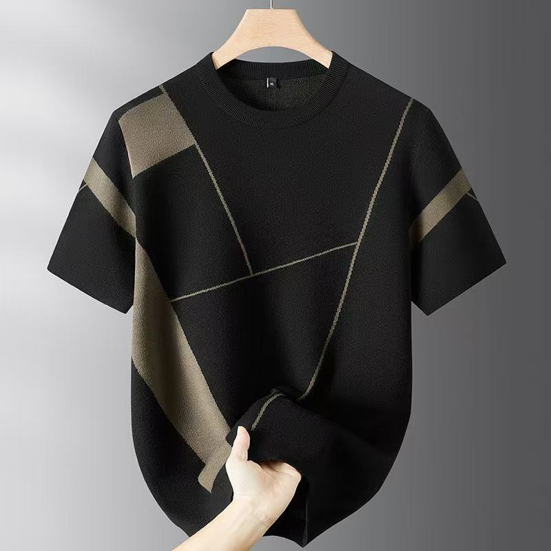 Men's Round Neck Short-Sleeved Sweater, New Spring and Autumn Style, Loose Casual Color-Blocked Half-Sleeved Knitwear, Fashionable Base Layer