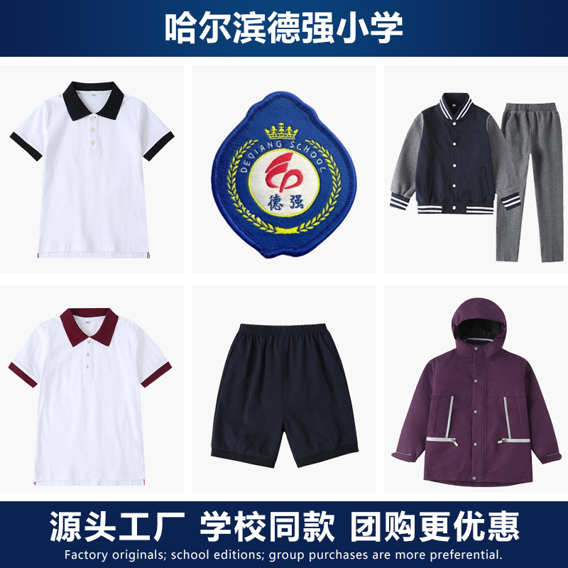 Harbin Deqiang School Same Style Short-Sleeved T-Shirt Sports Suit Sweater and Windbreaker Set [School Uniform and School Badge]