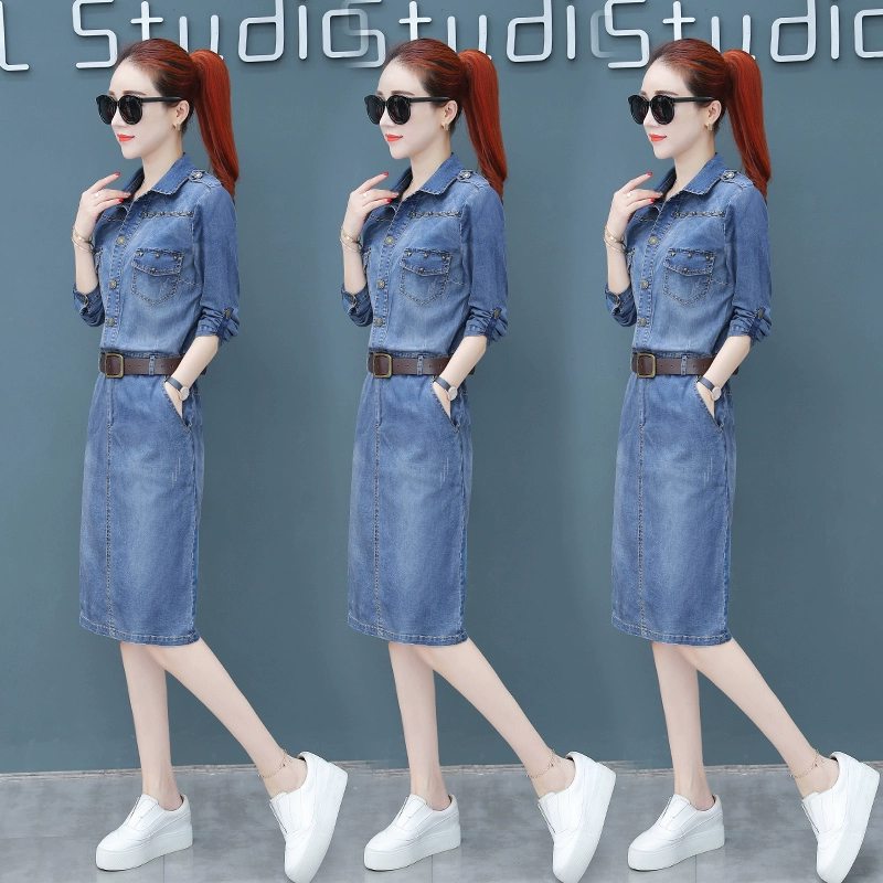 Váy denim tay dài nữ 2020 mới mùa thu đầm dài và thon gọn giản dị - Váy eo cao
