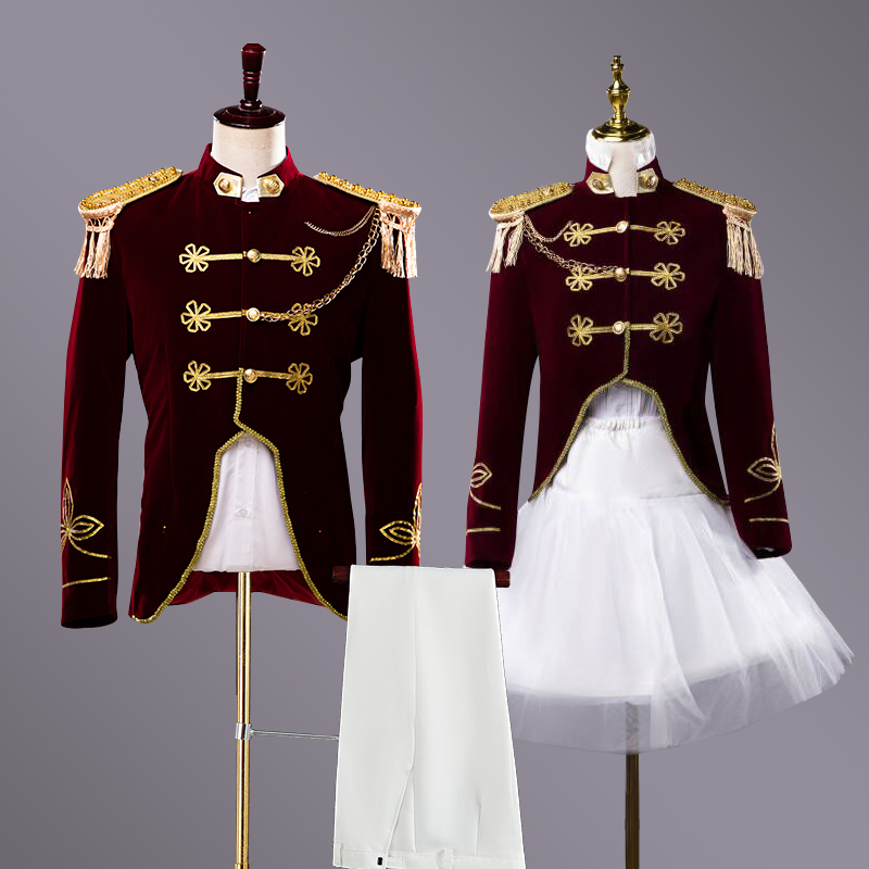 2022 New Red European-Style Court Costumes for Stage Drama Performances, Men's and Women's Drum Band Uniforms, Couple Photos