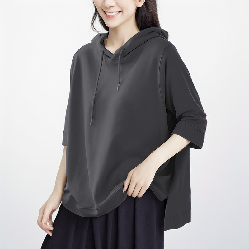 Pure Cotton Retro Short-Sleeved T-Shirt with Hood and Slit Hem, Summer Loose Casual T-Shirt with Hood for Women