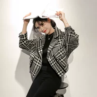 2018 thu đông mới houndstooth len len lông nhỏ nước hoa ngắn tay áo kẻ sọc kẻ sọc len nữ áo jacket nữ