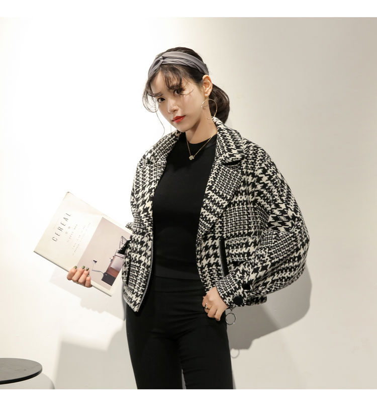2018 thu đông mới houndstooth len len lông nhỏ nước hoa ngắn tay áo kẻ sọc kẻ sọc len nữ áo khoác kaki nữ