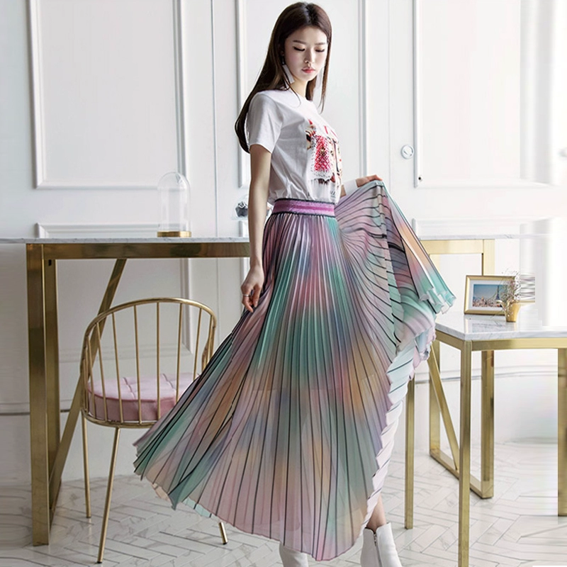 Năm 2020 mùa xuân và mùa hè mới đầy màu sắc đỏ gradient voan xếp ly đàn hồi kiểu cổ tích A kiểu cổ tích dài nửa dài nửa dài - Váy