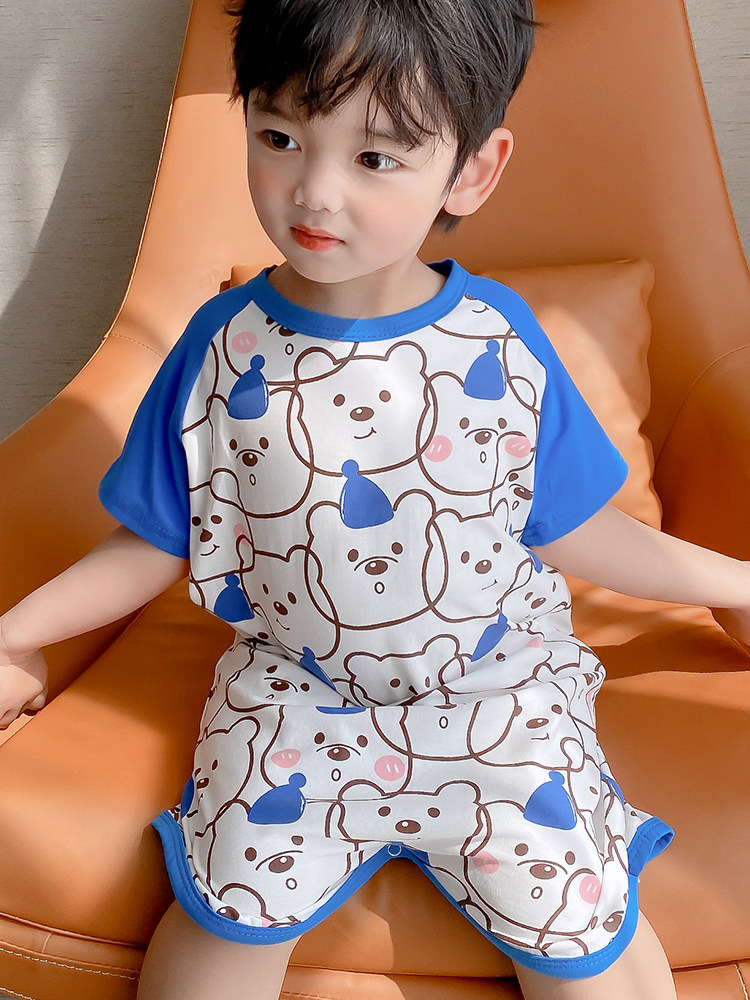 CHILDRENS ONE-PIECE PAJAMAS BOYS SUMMER COTTON THIN AIR CONDITIONED BABY ONESIES GIRLS BABY SHORT SLEEVE LOUNGEWEAR