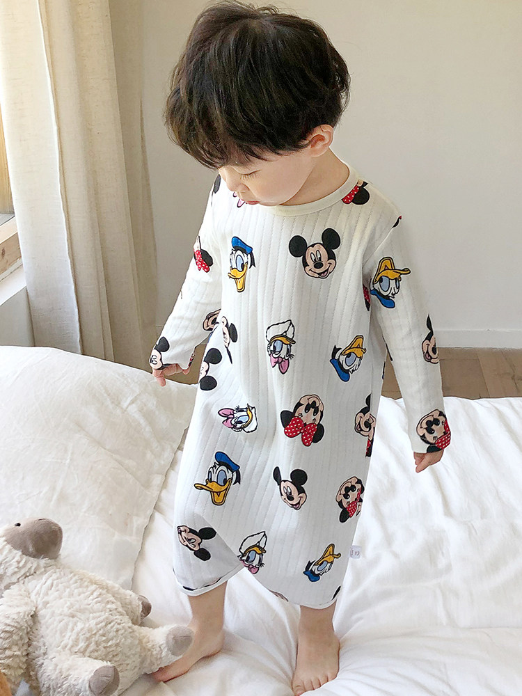 GIRLS PAJAMAS SPRING AND AUTUMN COTTON 1 CARTOON 2-5 YEARS OLD BABY ONE-PIECE PAJAMAS BOYS THIN CHILDRENS KICK-PROOF HOME CLOTHES