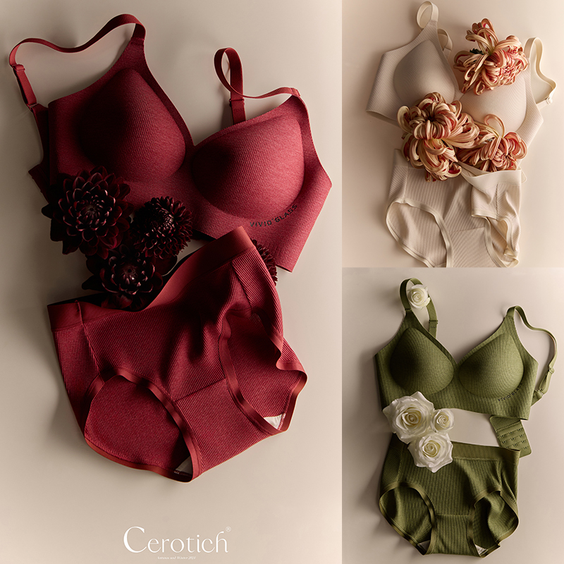 Taozi Ma Cerotich Camellia Cotton-Feel Lingerie Set Bra and Panties Jelly Lift No Underwire Solid Color