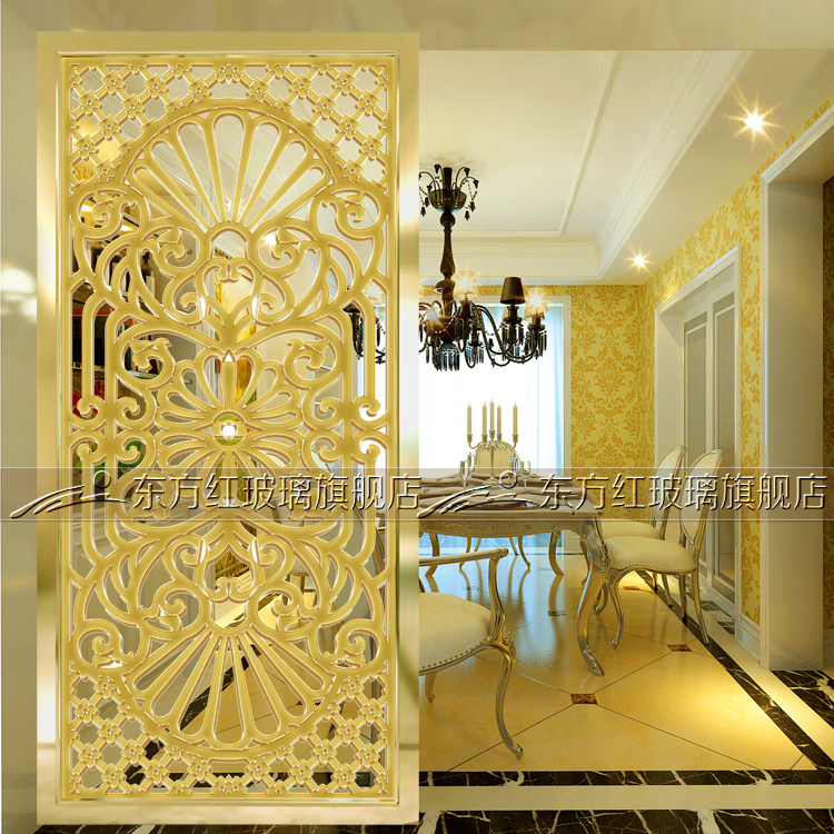 New modern art glass screen partition living room entrance sliding door Deep carved translucent shoe cabinet European golden screen