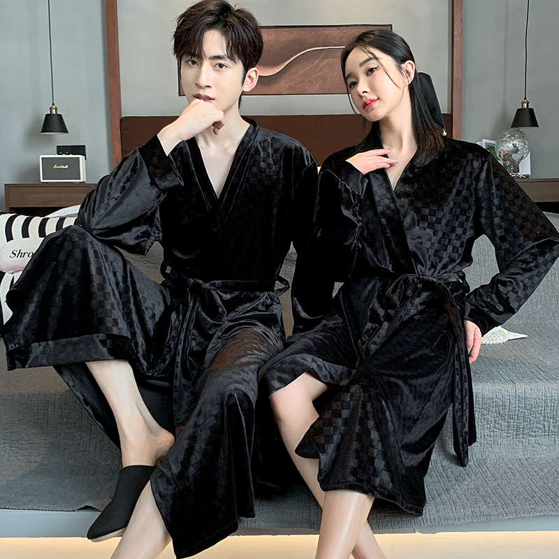 Black Plaid Couple's Nightgown, Spring and Autumn Sexy Velvet Bathrobe, Dressing Gown, Men's and Women's Pajamas, Casual Bathrobe, Winter Style
