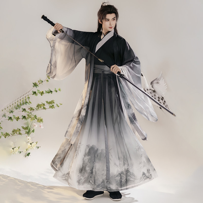 原创汉服水墨竹男女情侣魏晋风超仙印花大袖交领齐腰套装中国风春