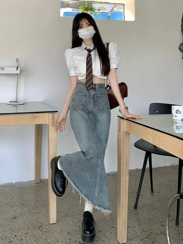 Ретро юбка в складку, джинсовая длинная юбка, высокая талия, крой «рыбий хвост»