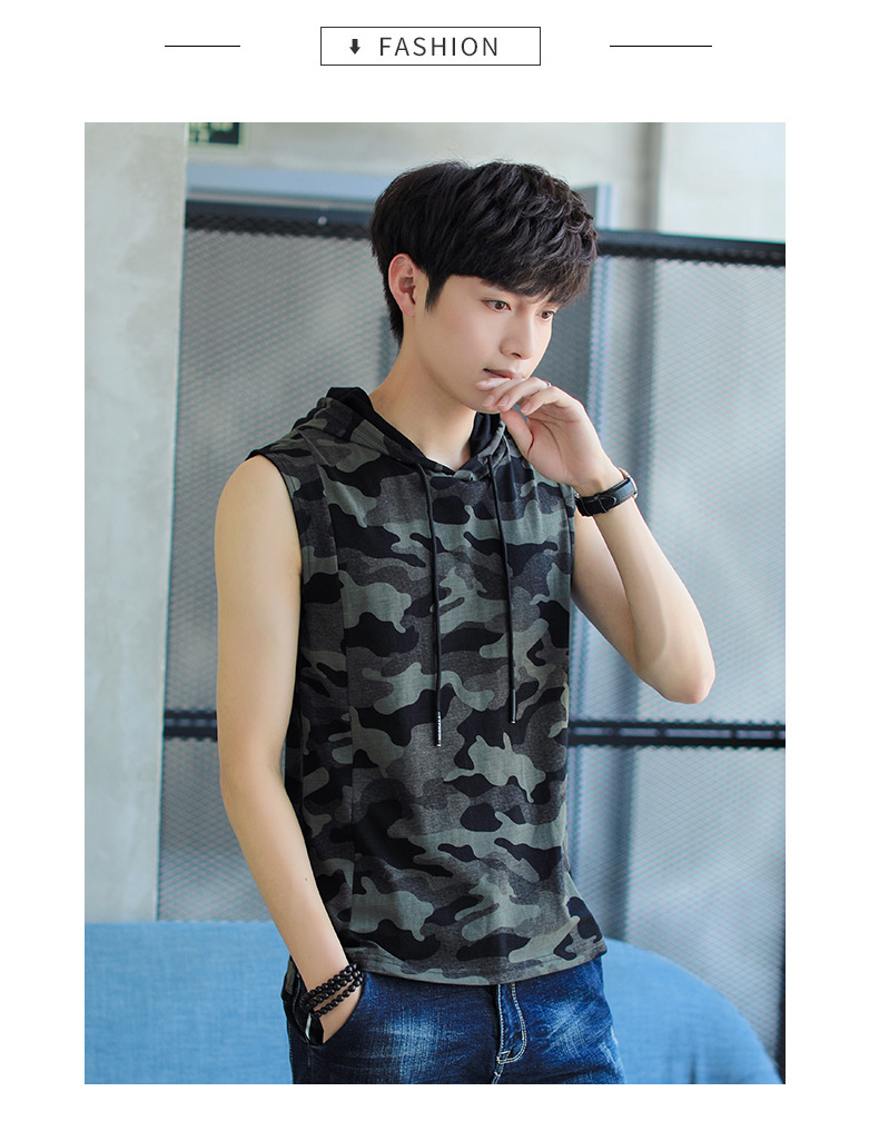 Áo thun cotton tay ngắn trùm đầu áo thun nam thể thao ngụy trang mùa hè với mũ thủy triều Thẻ mỏng vest vest nam - Áo vest cotton áo lông cừu