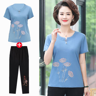 单件/套装妈妈夏装洋气小衫2021新款40岁50中老年女装短袖两件套