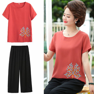 老年人女装夏装2021新款中老年短袖洋气上衣两件套大码妈妈装套装