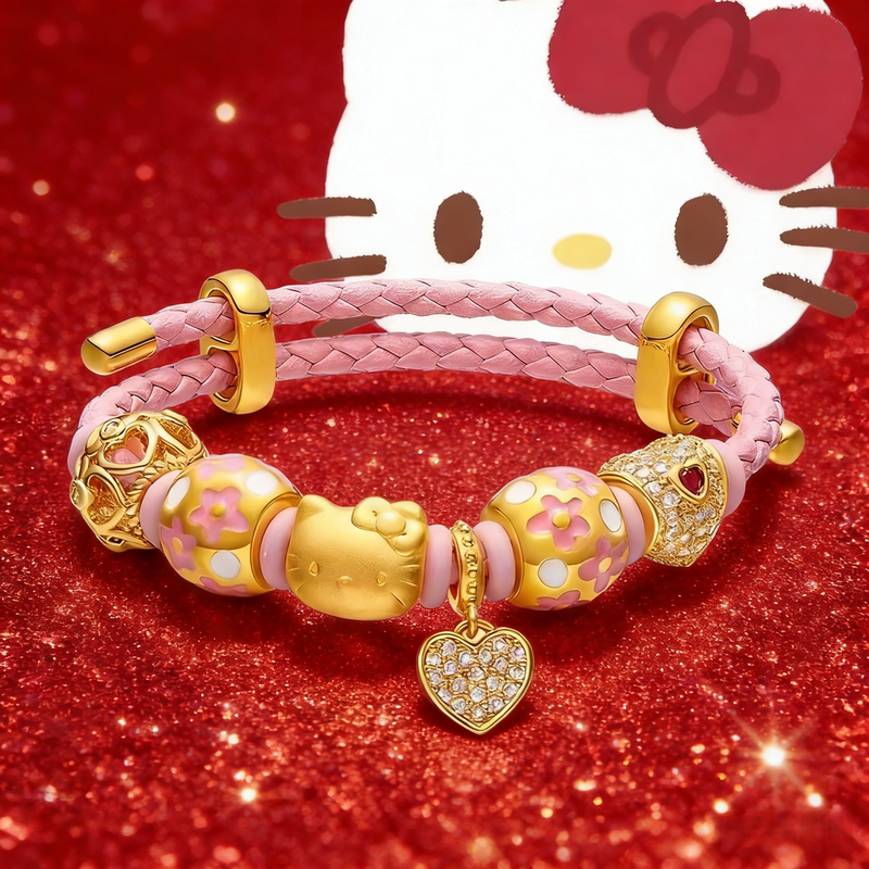 Official Genuine Product｜Gold Hello Kitty Cat Bracelet with Lucky Beads and Red String, Gold-Plated Silver, Gift for Girlfriend